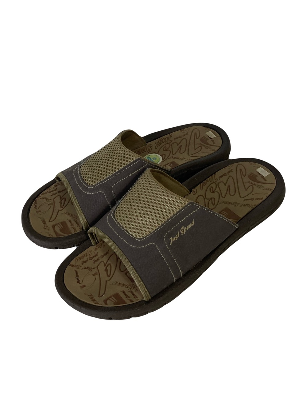 Nwot JUST SPEED Sandals Mens 9 Brown Squeeze Me Logo Slip-On Slides Flats